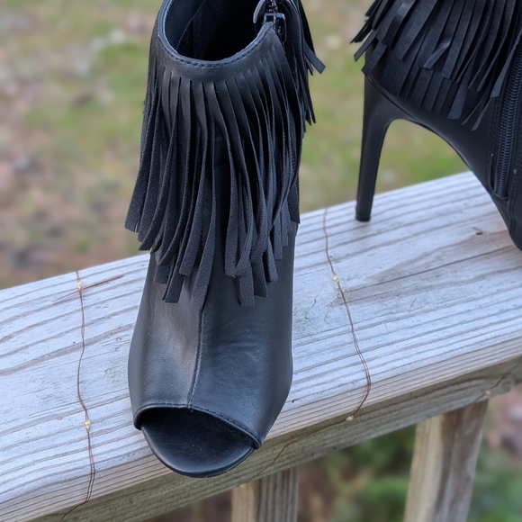 Madden Girl Black Fringe Peep-Toe Stiletto Ankle Heels - Picture 3 of 6